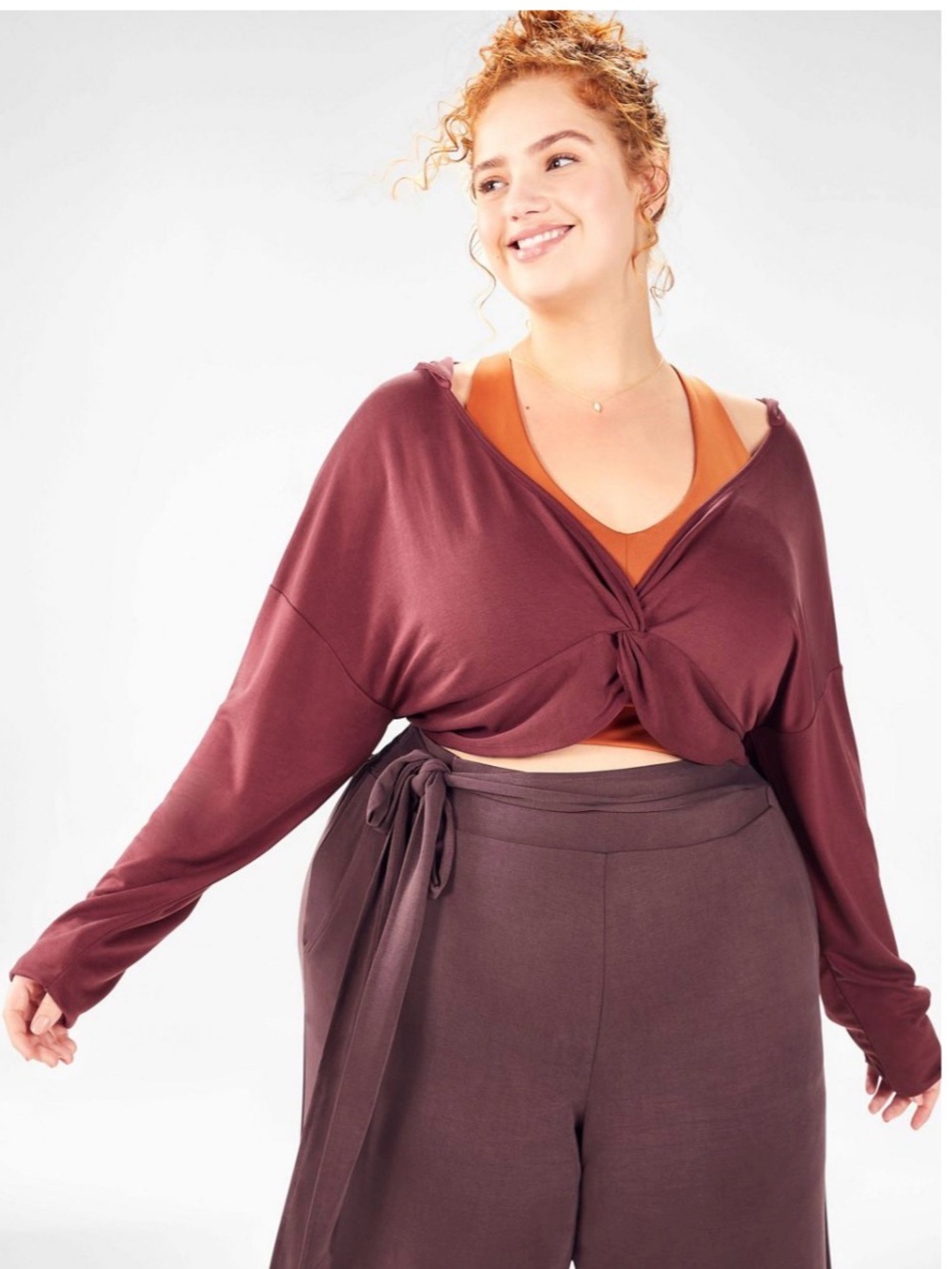Fabletics Womens Twist-Front Hooded Crop Top Burgundy Active Stretch Sz 2X